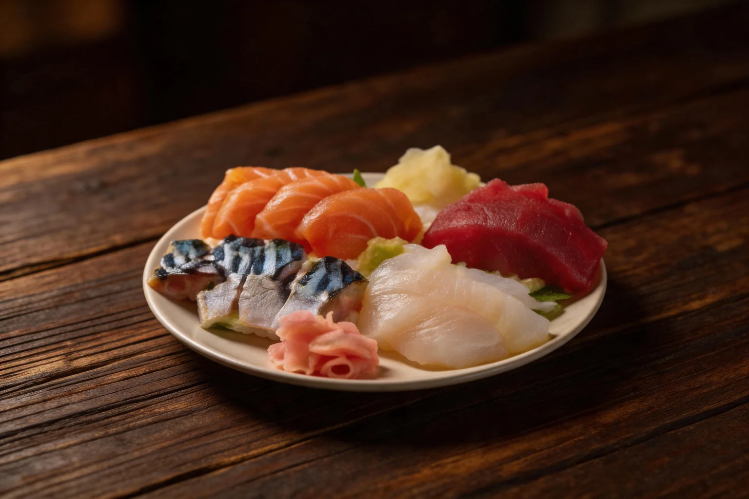 Salmon, tuna, mackerel and white fish sashimi, with pickled ginger, on a light plate