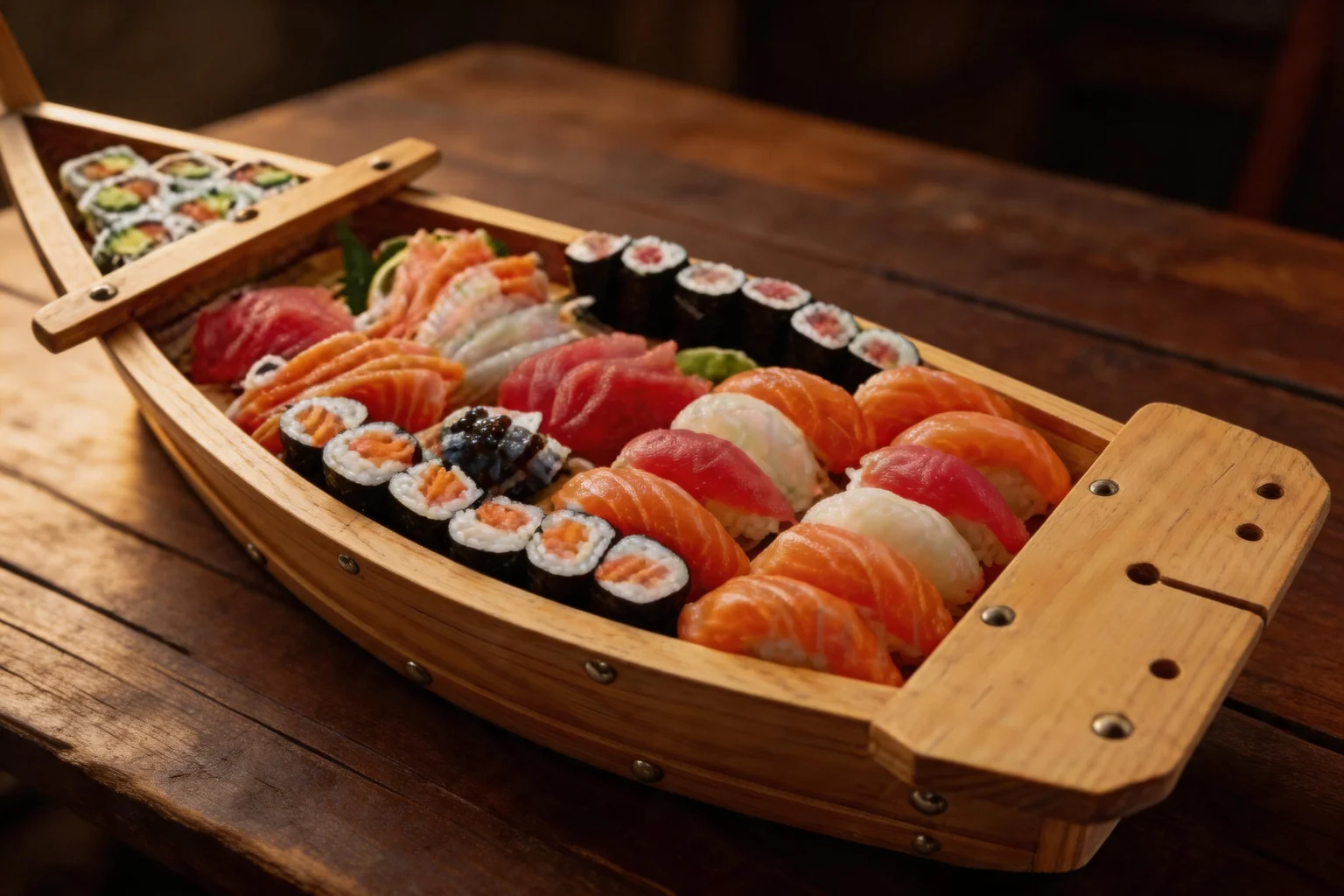 A wooden boat filled with assorted sushi, sashimi and maki
