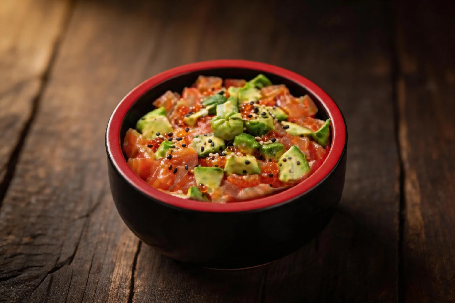 Salmon and avocado tartare topped with fish roe and sesame, in a black and red bowl