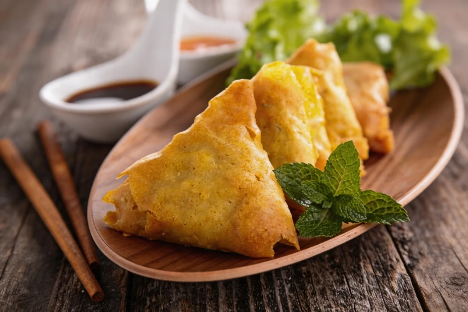 Golden samosas on a wooden dish, with mint, lettuce and small sauce spoons