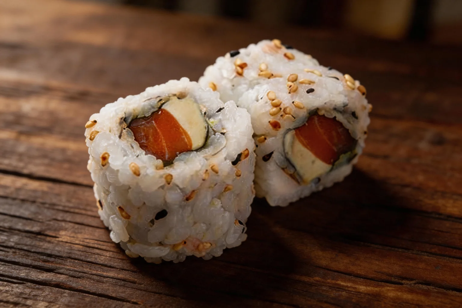 California roll slices with salmon and cheese, coated in sesame