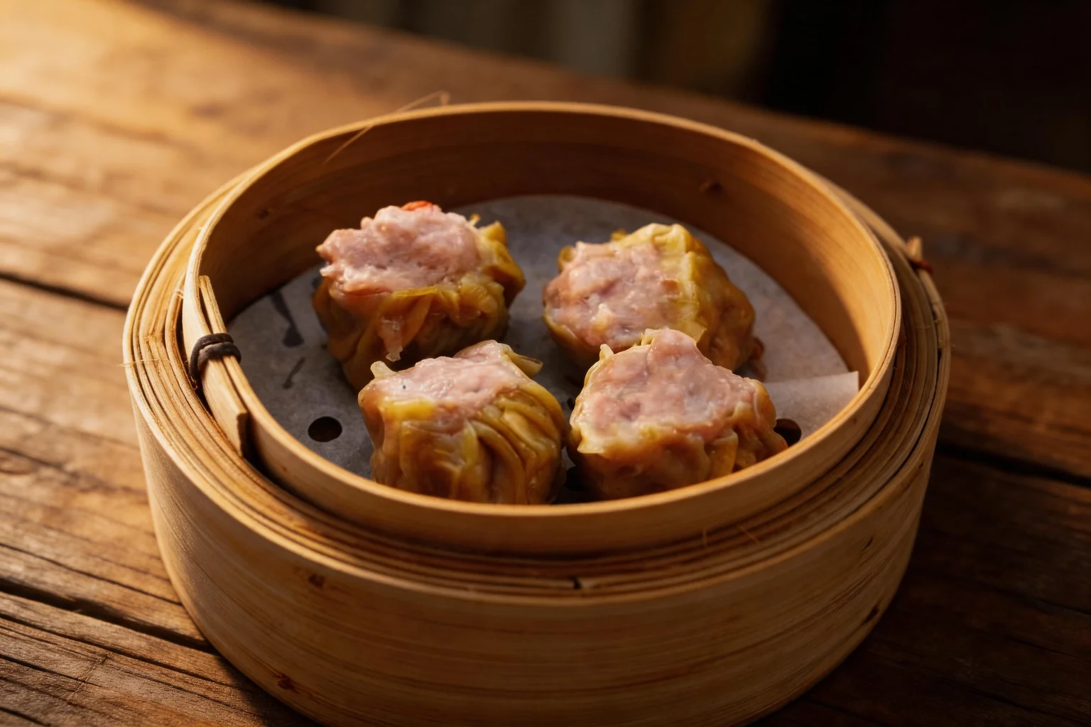 Steamed pork dumplings in a bamboo basket