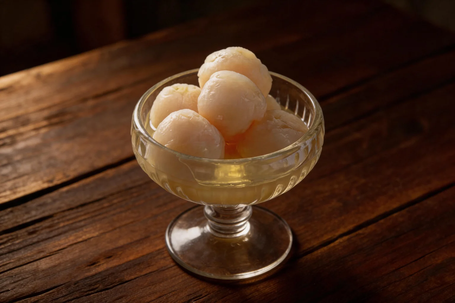 Lychees in syrup in a stemmed glass cup