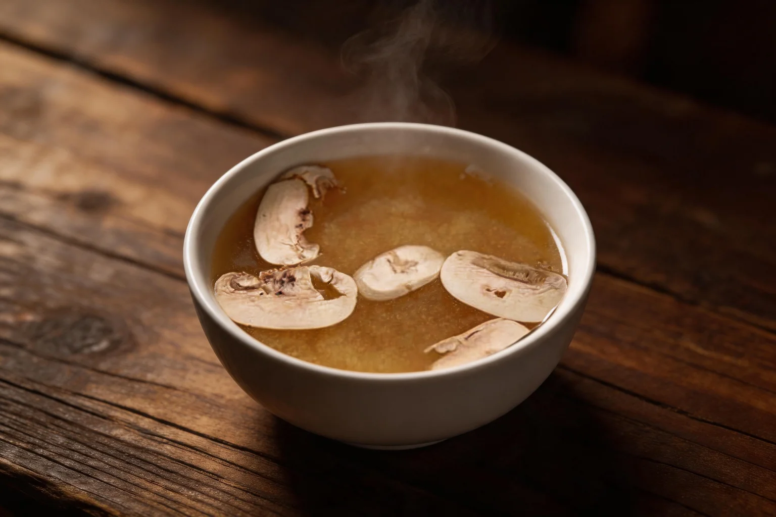 A white bowl of miso soup with sliced mushrooms