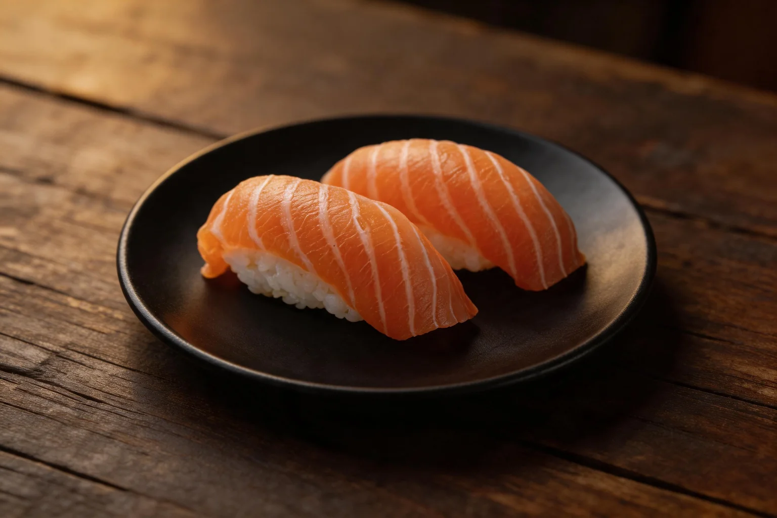 Salmon sushi on a small dark plate